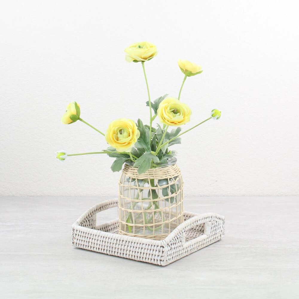 NEW Chic Small Square Tight Woven Rattan Tray with Handles, Whitewash